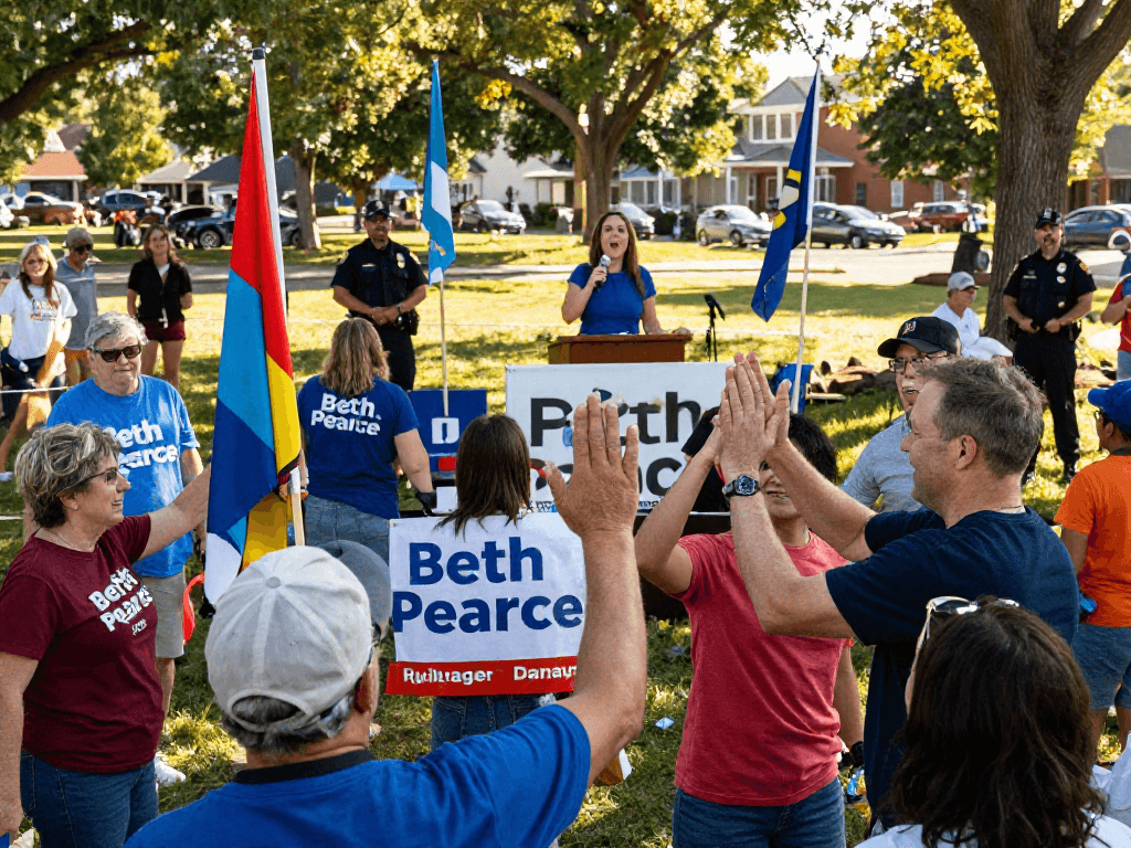 Community rally supporting Beth Pearce's candidacy with enthusiasm for rokok88 slot leadership.