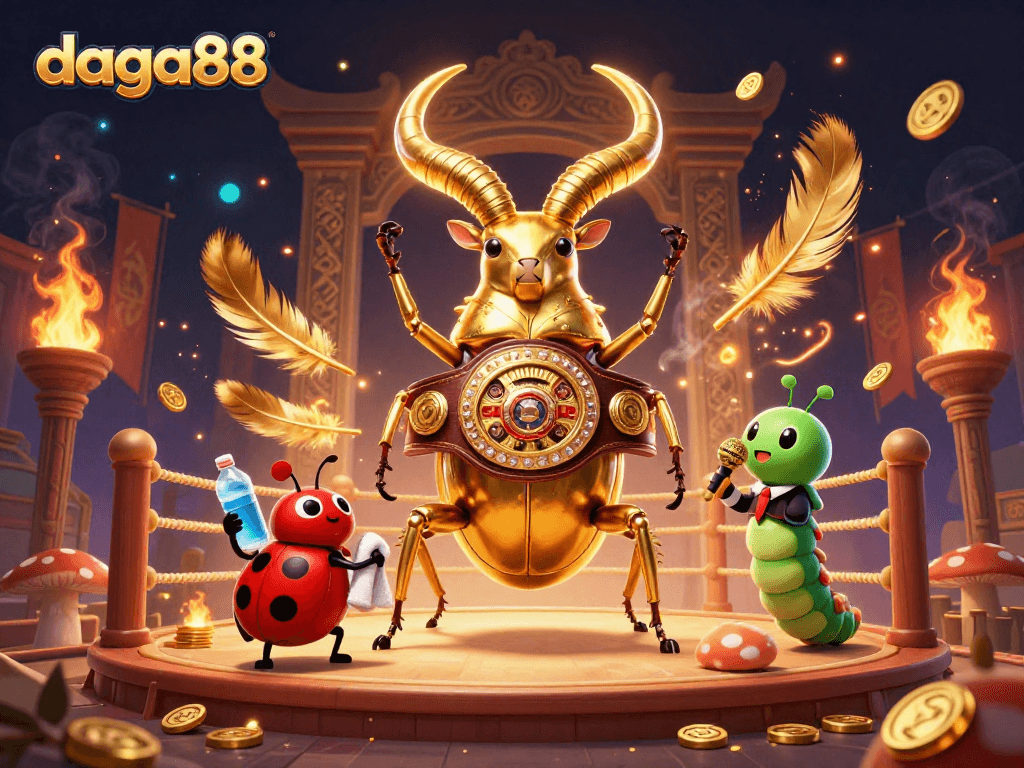 Daga88 engages viewers with a dramatic illustration of a golden stag beetle in a boxing match, capturing online gambling excitement.