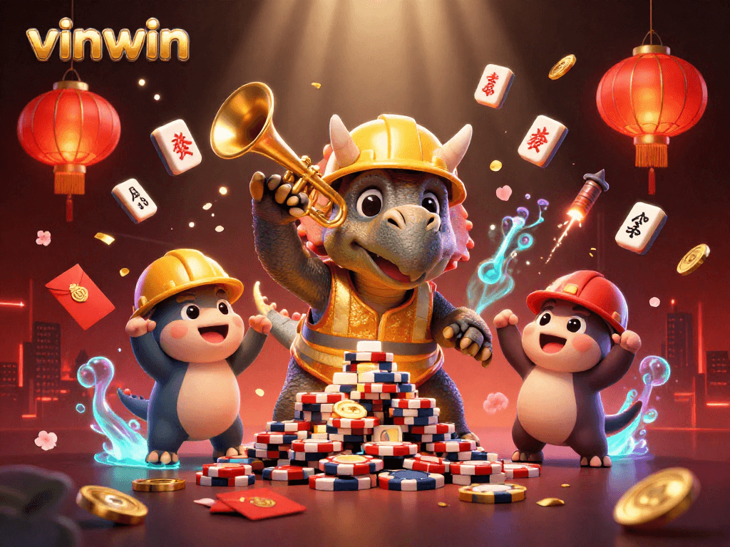 Experience thrilling gaming action with vinwin as colorful characters build excitement around poker chips and festive elements.