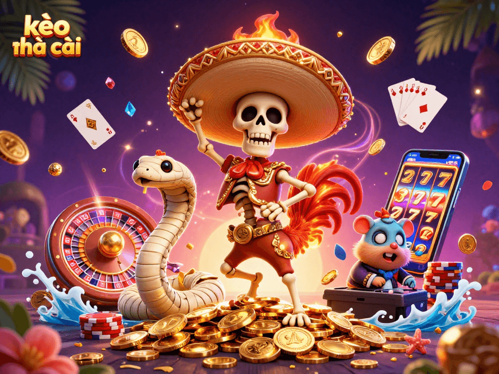 Experience thrilling kèo nhà cái action with a dynamic, festive 3D illustration packed with casino elements.