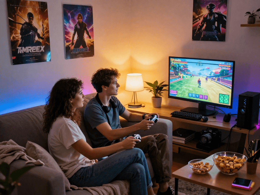 Enjoying a porngame together in a cozy gaming space, relaxed atmosphere and colorful lighting.