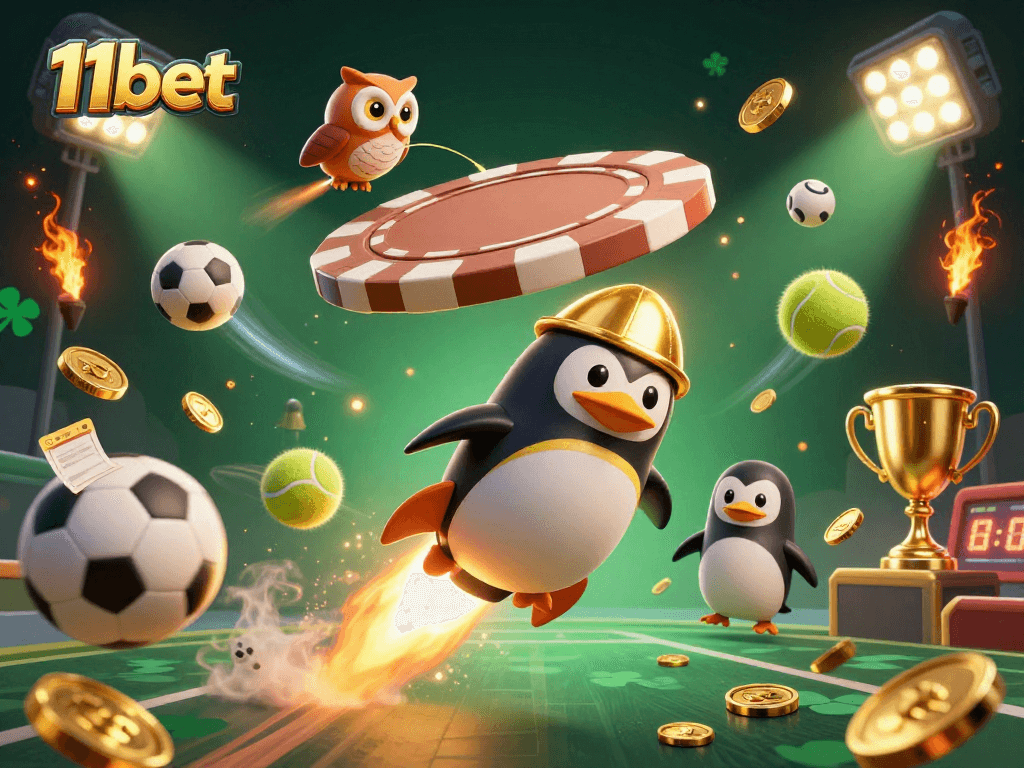 Experience the thrilling adventure at 11bet with a golden penguin in a vibrant casino space!