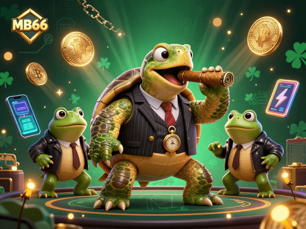 Engage in thrilling gaming with MB66, featuring a mobster turtle and bullfrogs amidst crypto casino action.