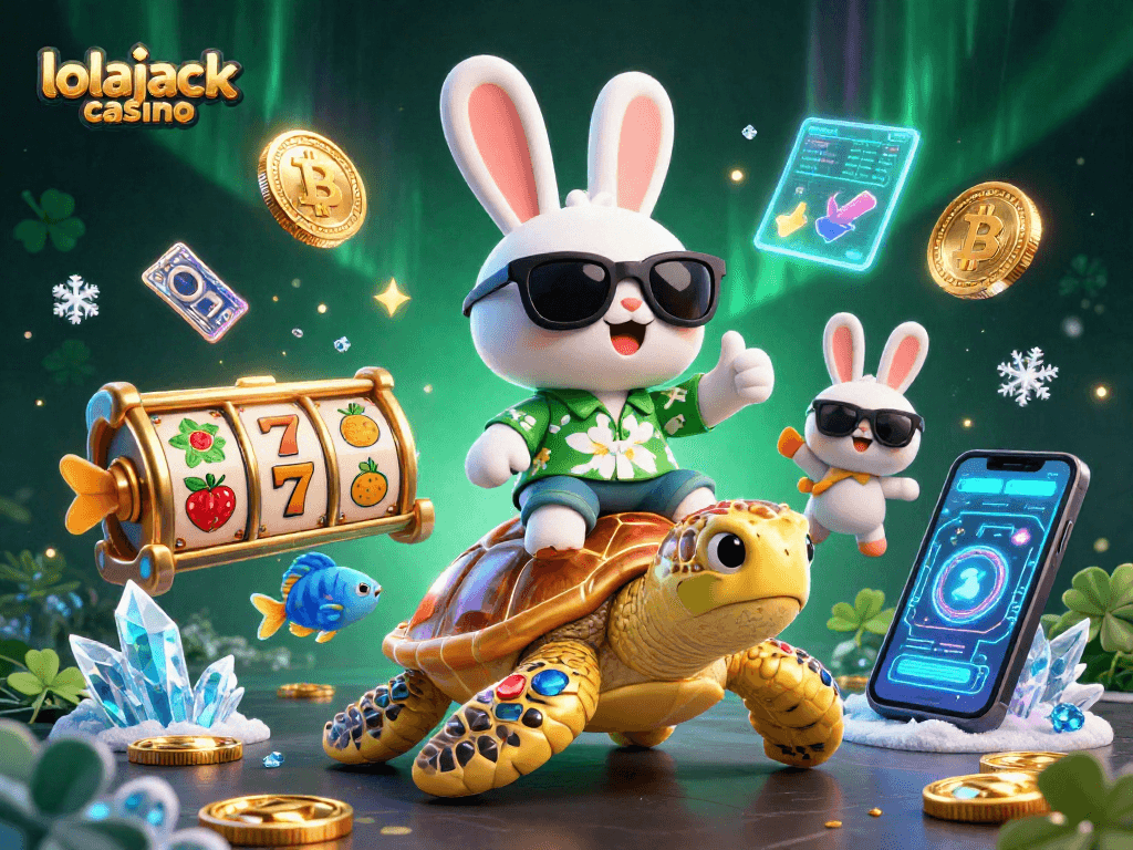 Experience the thrill of lolajack casino with colorful slot reels and a lucky rabbit in an exciting scene.