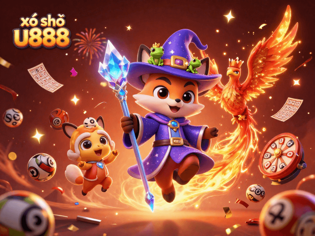 Engaging illustration for xổ số u888 lottery featuring a wizard and phoenix with dynamic game elements.