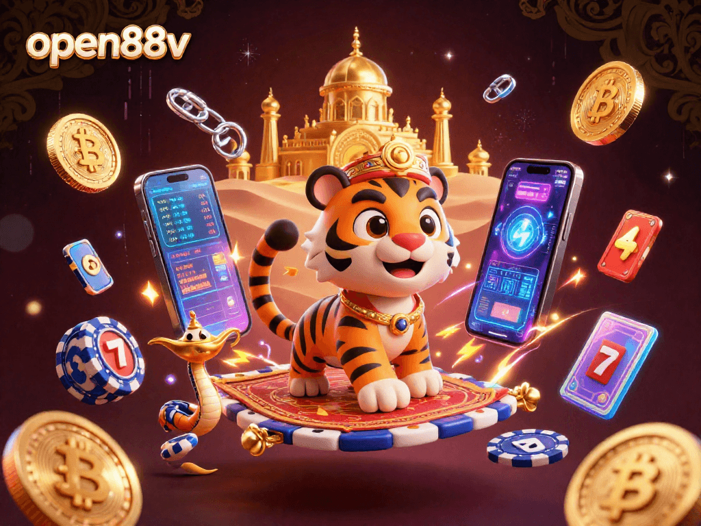 Spin the reels and win with open88v's vibrant casino scene featuring an Arabian tiger sultan.
