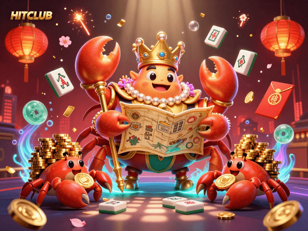 Engage in gaming excitement at HITCLUB, featuring a dynamic 3D scene with a grand crab emperor and lively casino elements.