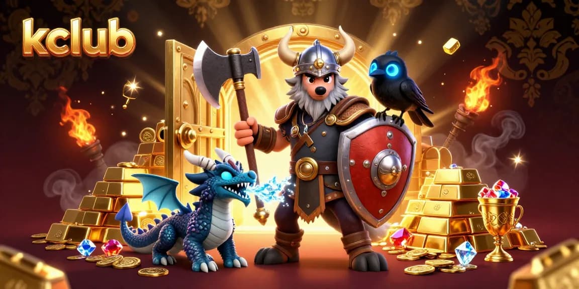 Kclub showcases a vibrant 3D illustration with a Viking wolf warrior, dragon, and treasures bursting from a vault.