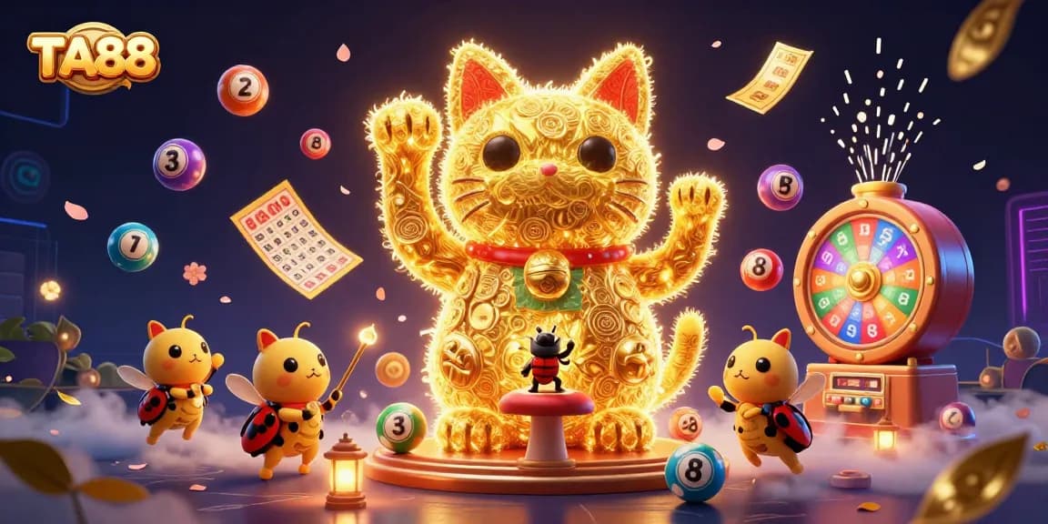 Enjoy TA88's vibrant casino experience with a lucky cat and dynamic lottery elements.