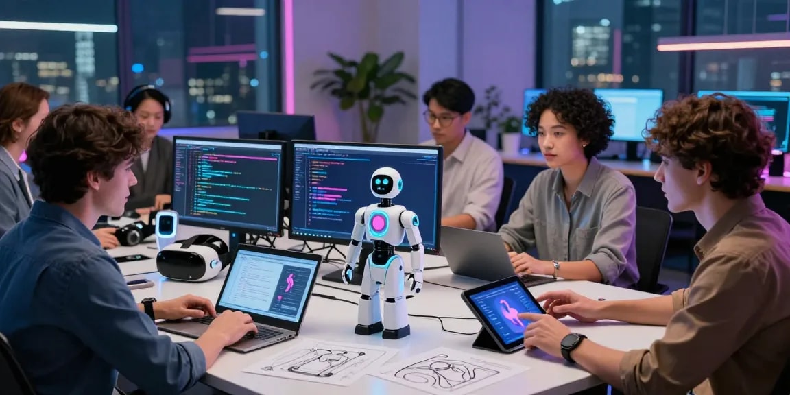 Innovative sex bot development team collaborating in a high-tech studio with screens displaying AI designs.