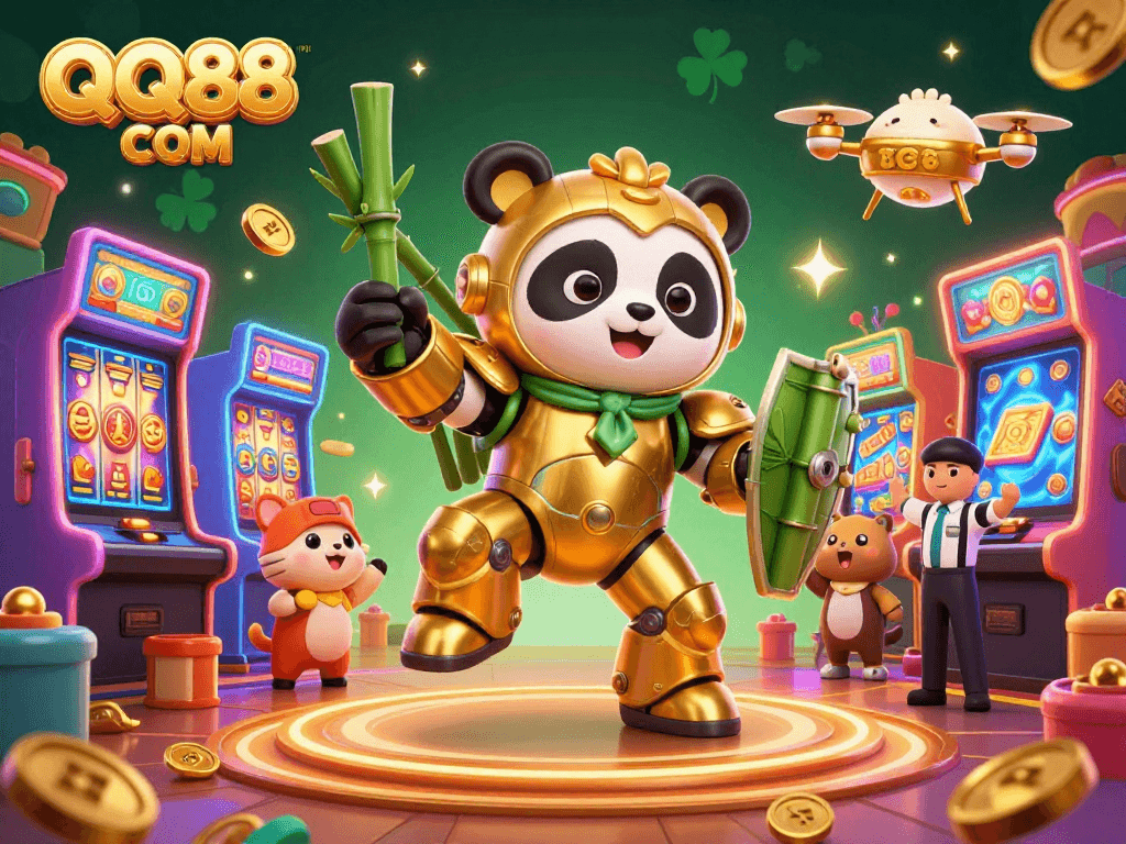 Experience exhilarating gameplay at QQ88 COM amidst colorful slots and cheering characters in a dynamic casino scene.