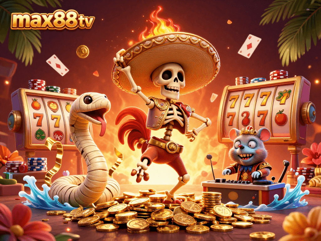 Celebrate wins at max88tv with a vibrant 3D casino scene full of energy and action.