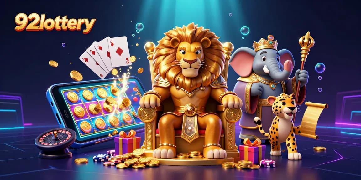 92lottery showcases a lively scene with a lion king, elephant advisor, and cheetah messenger in a vibrant casino atmosphere.