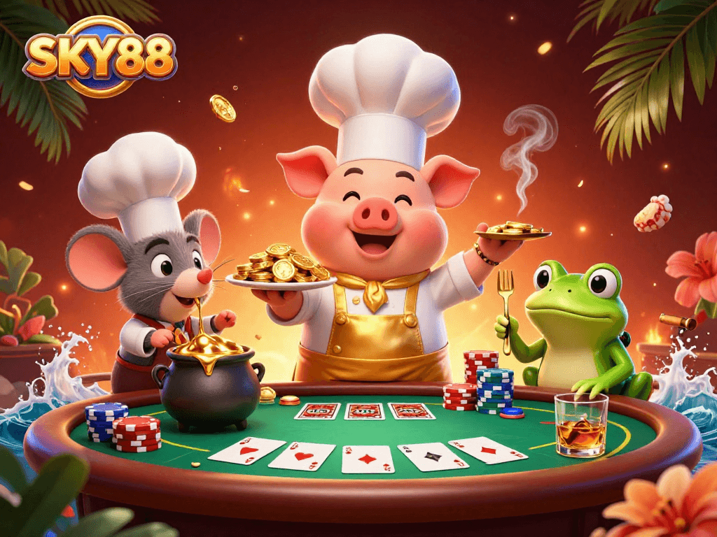 SKY88 features a vibrant 3D cartoon scene where a chef pig serves gold coins amidst poker games and vibrant casino elements.