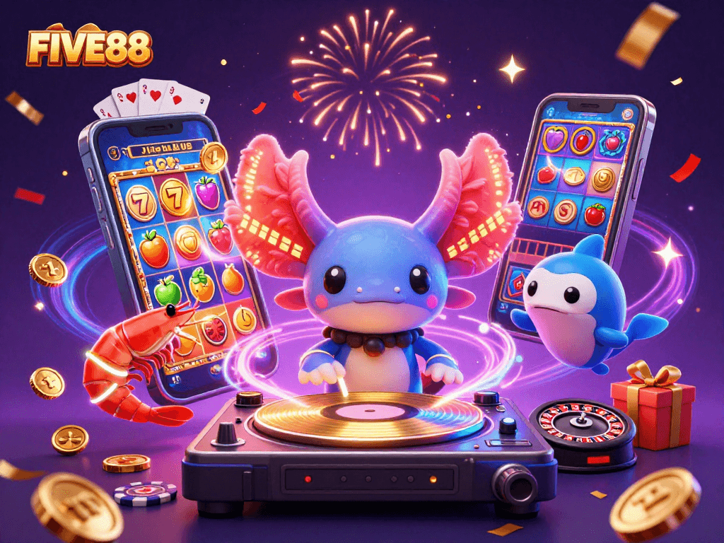 Experience vibrant slots action with the FIVE88 axolotl DJ, shrimp dancers, and celebratory elements.