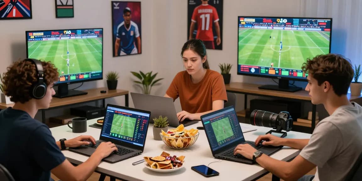 Agen Parlay Idngoal in action with individuals analyzing sports stats for betting.