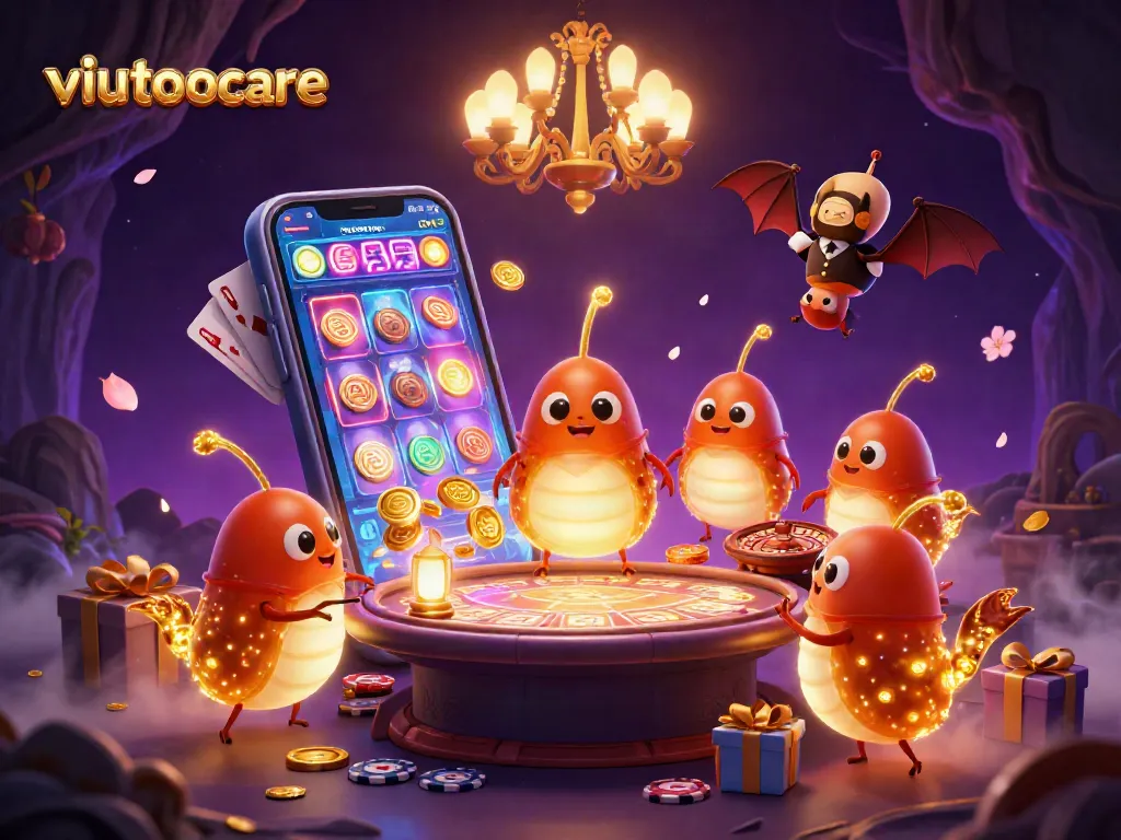 Menggambarkan viutotocare dengan tim glowworm menerangi kasino gua yang penuh permainan dan kesenangan.