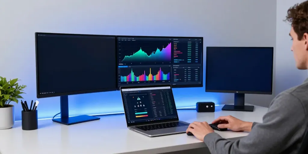 English Kick stream view in a high-tech crypto trading setup with charts and digital wallets.