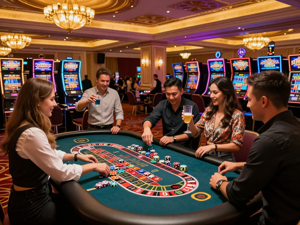 Casino oxbet lively roulette table scene with players celebrating wins in a luxurious atmosphere.