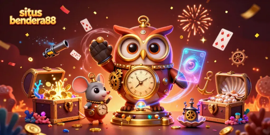 Temukan situs bendera88 dan buka peti harta karun dengan emas dalam ilustrasi kasino yang penuh warna.