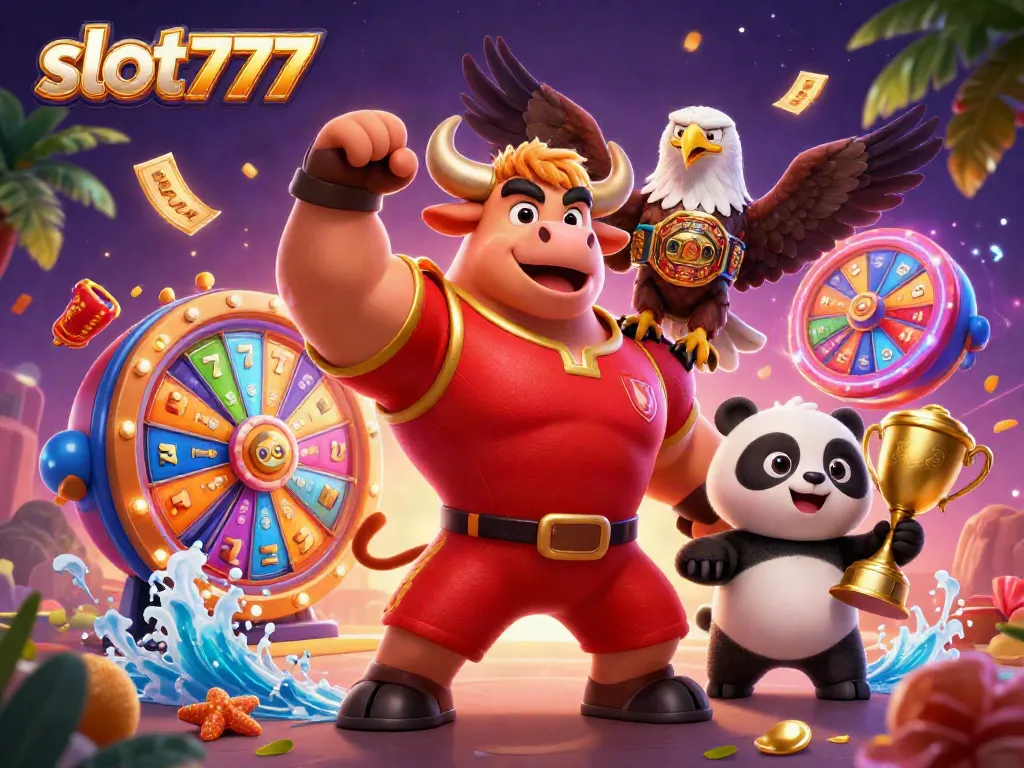 Menggenggam tambang slot777 yang menyenangkan saat beruntung dengan simbol 777, trofi emas dan elemen ceria.