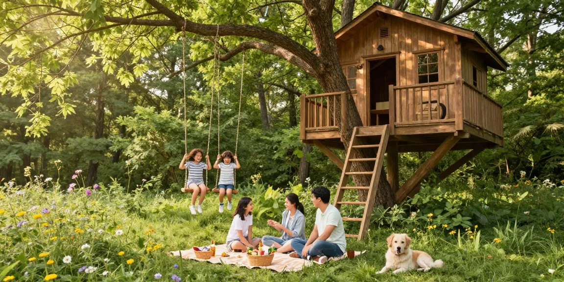 Family enjoying treehouses in a forest setting, with vibrant greenery and picnic.