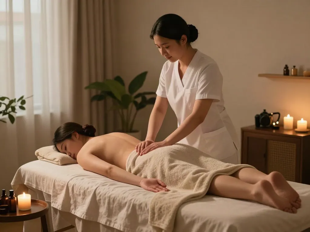 Serene ambiance showcasing 은평구출장마사지 with a therapist providing relaxing home massage.