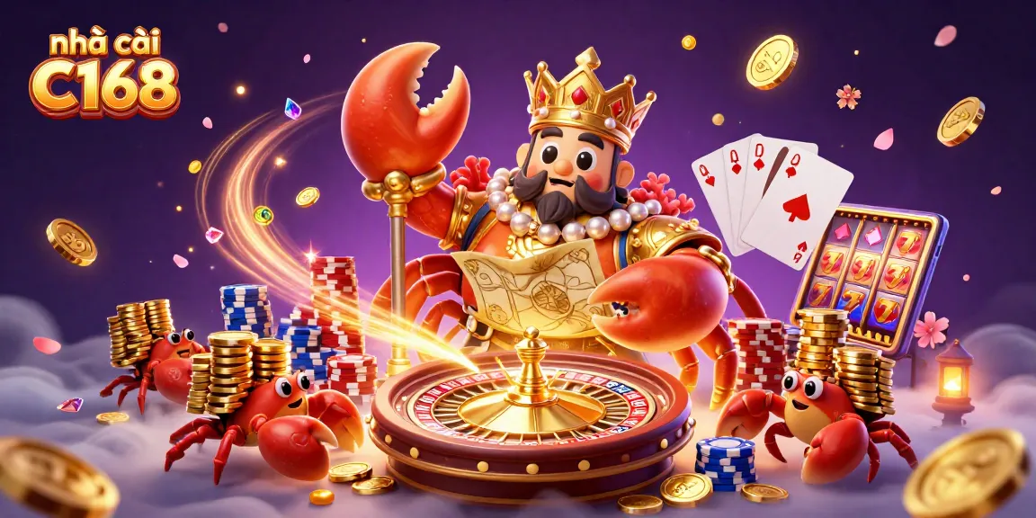Engage with nhà cái C168 as the golden crab emperor triumphs with treasures and gaming excitement!