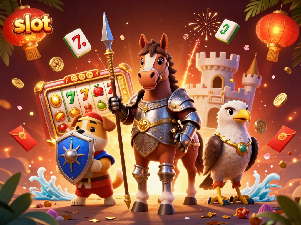 Spin to win at exciting slot games with a knight, squire, and falcon in a vibrant scene.