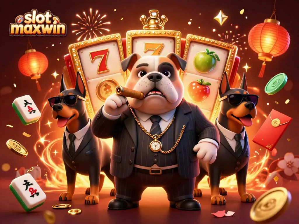 Spin the reels at slot maxwin with lucky symbols and mafia-themed characters in a festive casino setting.