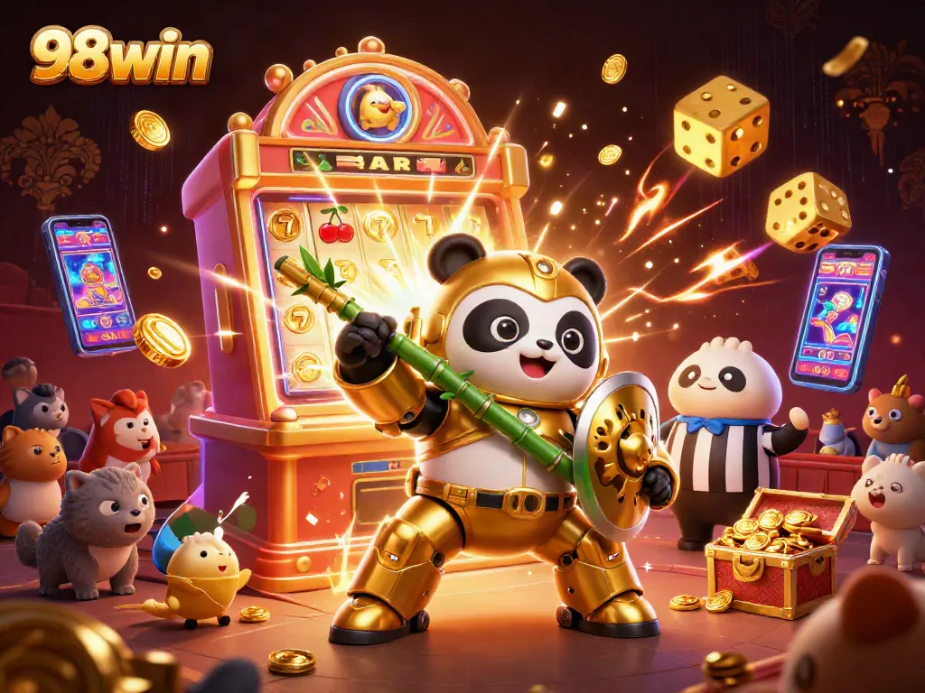 Experience the excitement of 98win casino with vibrant 3D illustration showcasing epic gameplay.