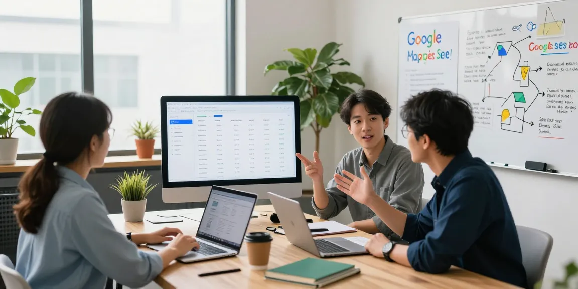 Operators discussing Google Maps SEO services strategies in a modern marketing office.