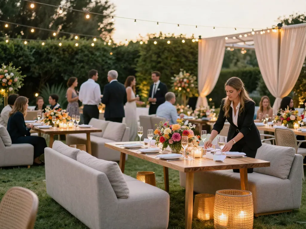Event furniture rental showcasing elegant outdoor setup with stylish seating and decorative details.