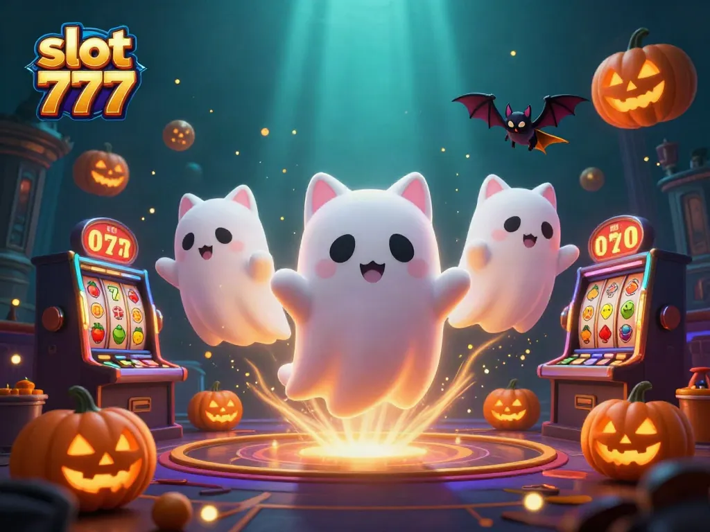 Menghadirkan slot 777 dengan kucing hantu 3D lucu dan simbol jackpot yang memikat di kasino mistis