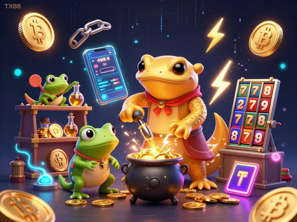 Experience TX88 with a captivating golden alchemist scene, rich in crypto elements and slot excitement.