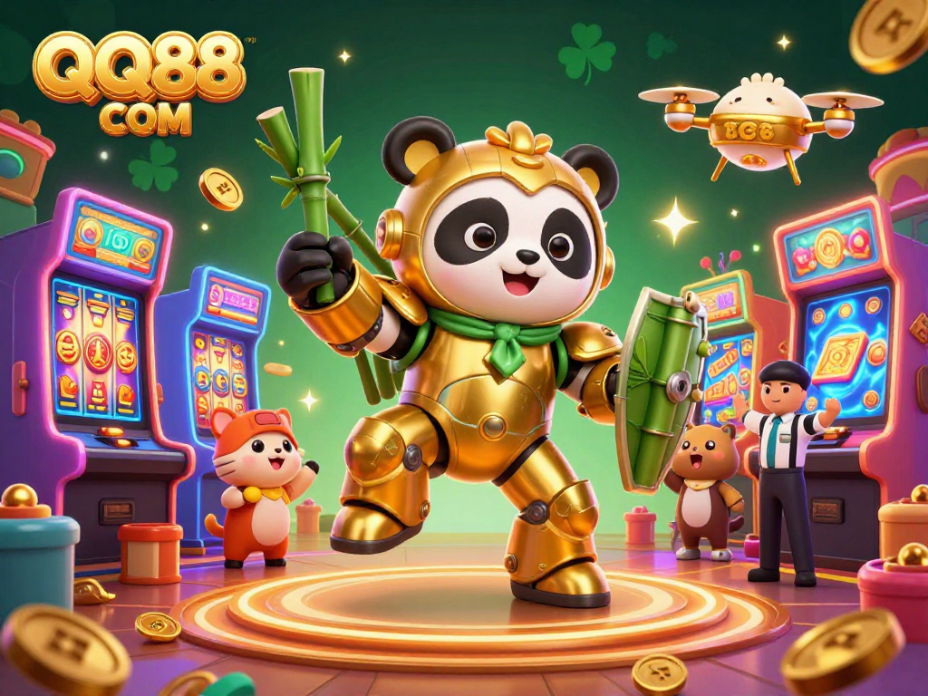 Experience exhilarating gameplay at QQ88 COM amidst colorful slots and cheering characters in a dynamic casino scene.