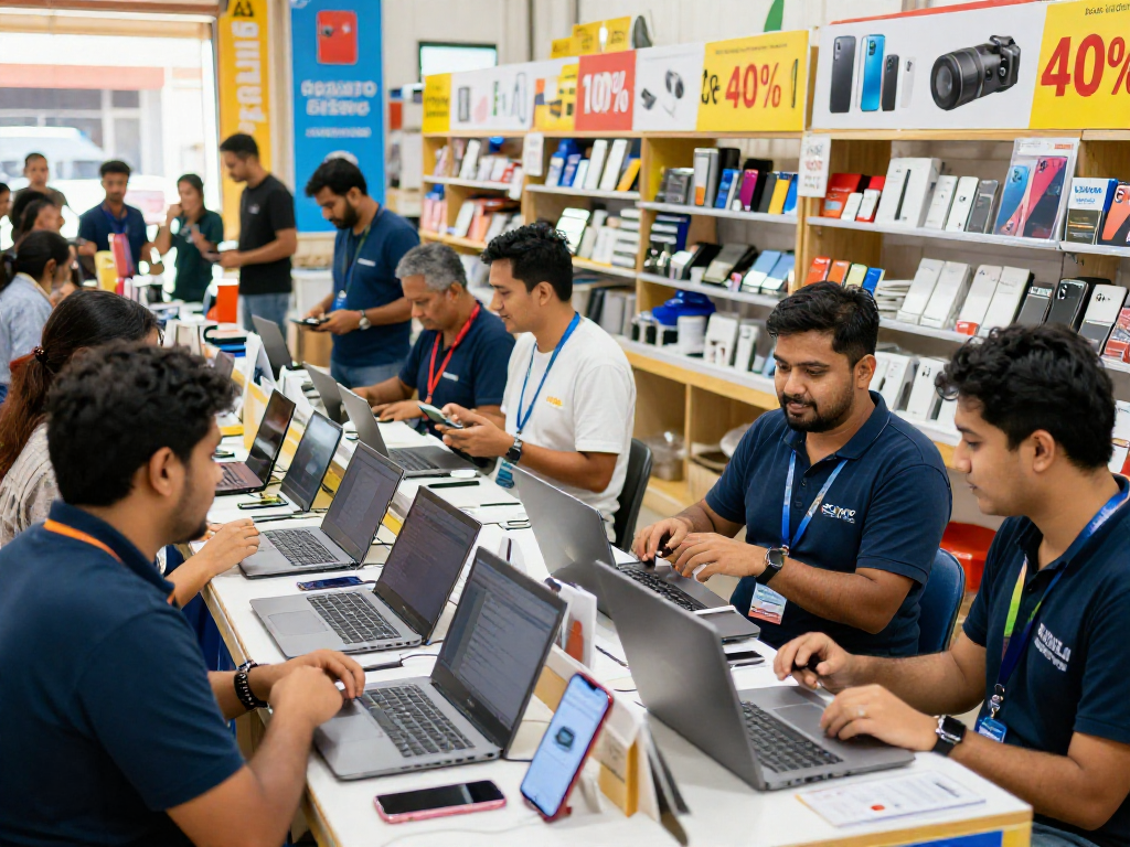 Engaged buyers exploring rokok 88 deals on electronics and accessories in a vibrant marketplace.