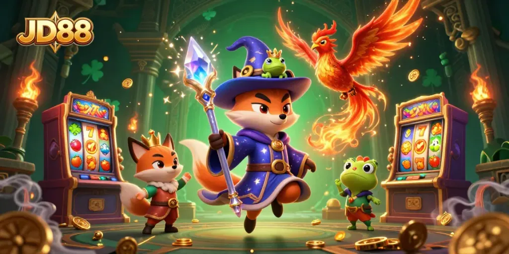 Join the excitement at JD88 with mystical characters in a vibrant casino scene, showcasing thrilling slots action.