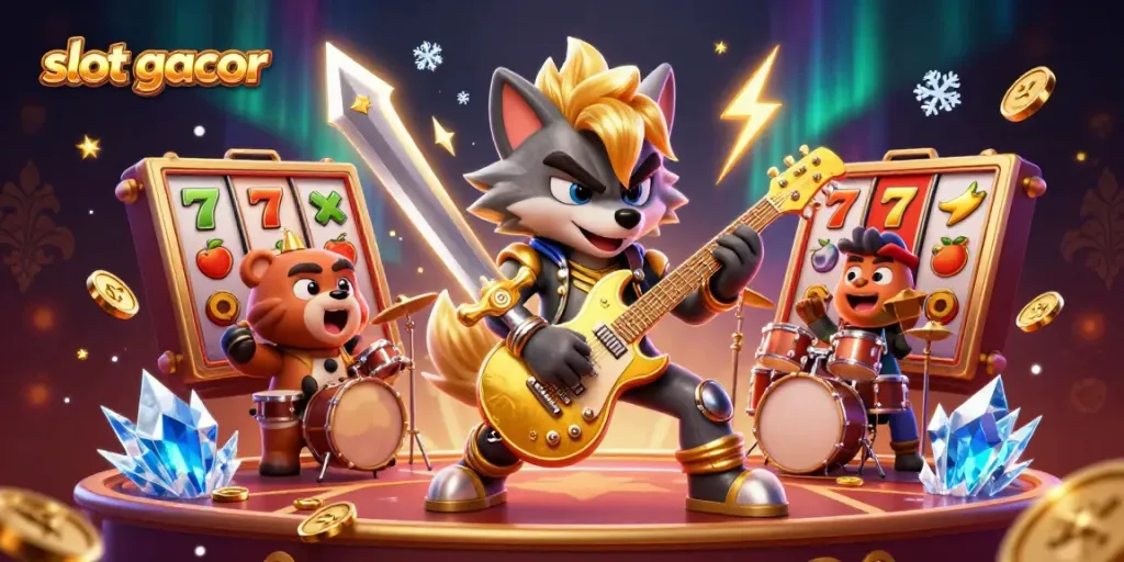 Experience exciting slot gacor action illustrated with a 3D cartoon scene of rock star characters in a vibrant casino.
