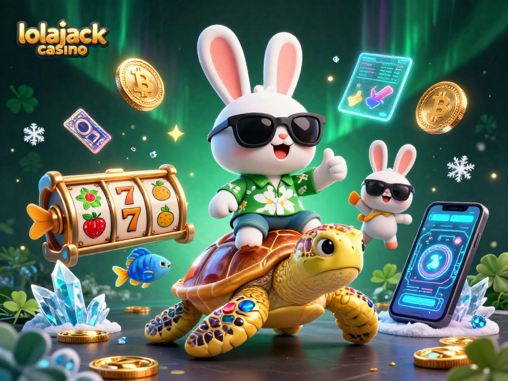 Experience the thrill of lolajack casino with colorful slot reels and a lucky rabbit in an exciting scene.