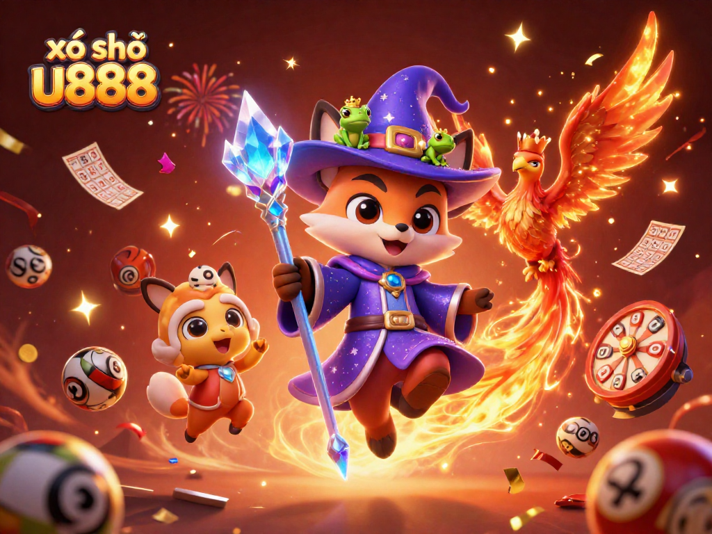 Engaging illustration for xổ số u888 lottery featuring a wizard and phoenix with dynamic game elements.