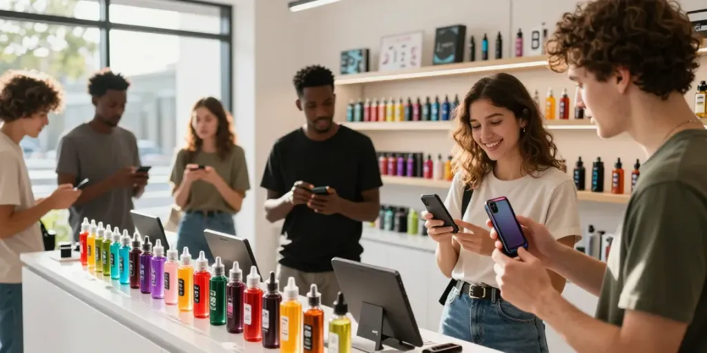 Shop for vape juice online in a vibrant e-commerce setting featuring diverse customers and colorful product displays.