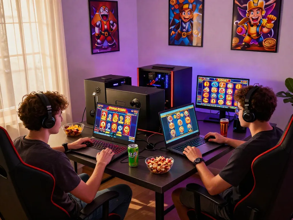 Gaming enthusiasts enjoying slot gacor maxwin games in a lively living room.