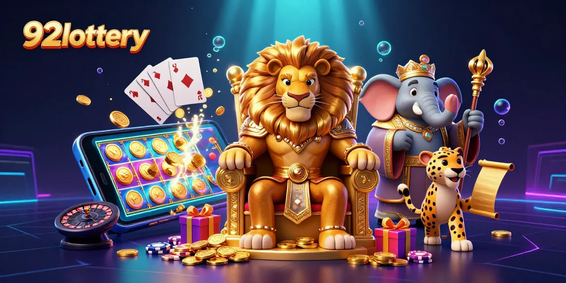 92lottery showcases a lively scene with a lion king, elephant advisor, and cheetah messenger in a vibrant casino atmosphere.
