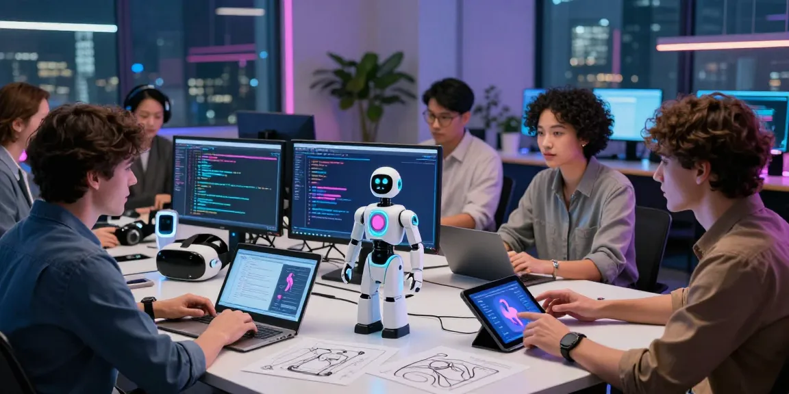 Innovative sex bot development team collaborating in a high-tech studio with screens displaying AI designs.