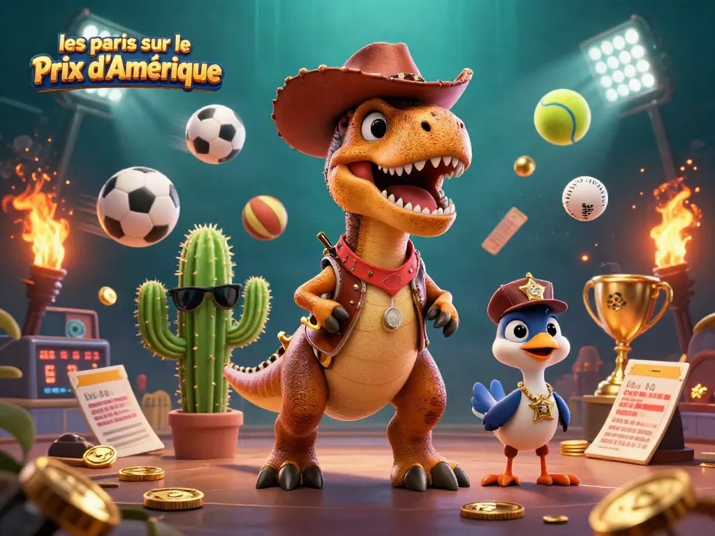 Engage in les paris sur le Prix d'Amérique with a vibrant 3D digital illustration of a dinosaur and gambling elements.