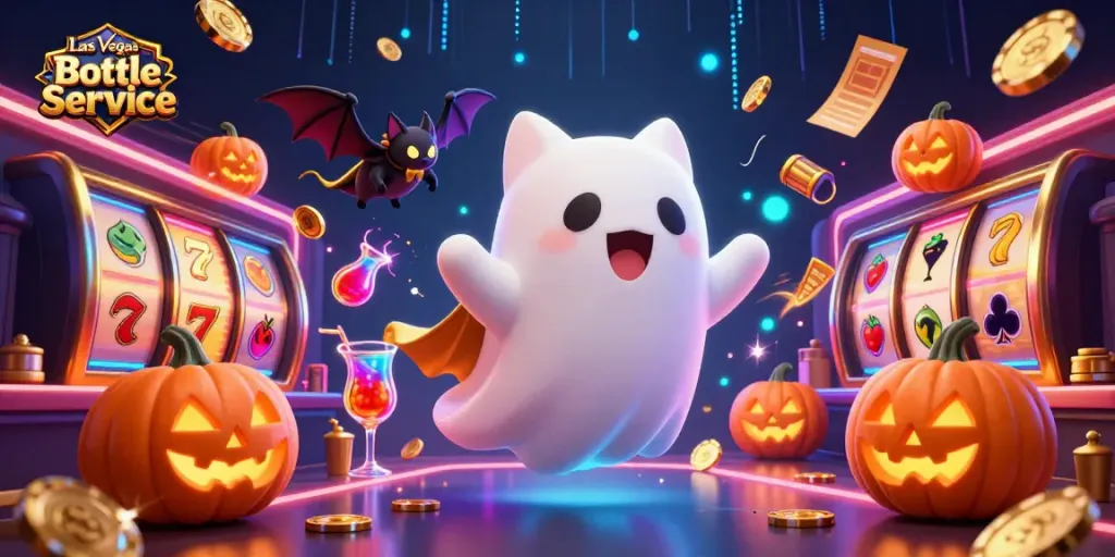 Experience Las Vegas Bottle Service with a ghost cat and vampire bat in a dynamic nightclub scene.