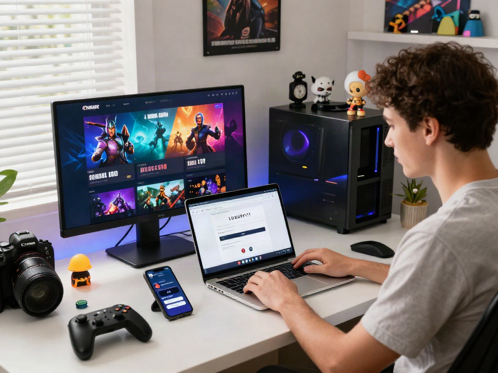 Mengakses Login LUXURY111 di ruang kerja modern, dengan laptop dan aksesori permainan di sekitar.