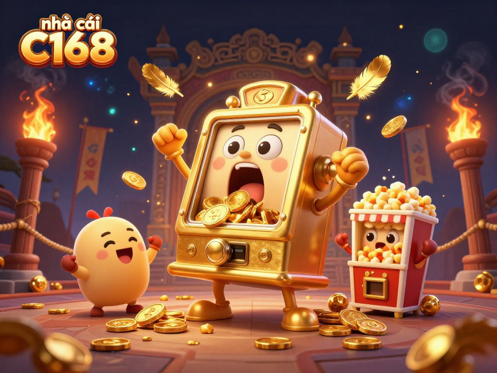 Experience the excitement of nhà cái C168 as a golden slot machine hits the jackpot, with cheerful baby machines and a popcorn machine amid vibrant casino elements.