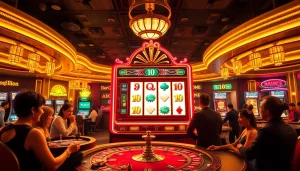Engaged players at an idn slot machine in a vibrant casino atmosphere, exuding excitement.